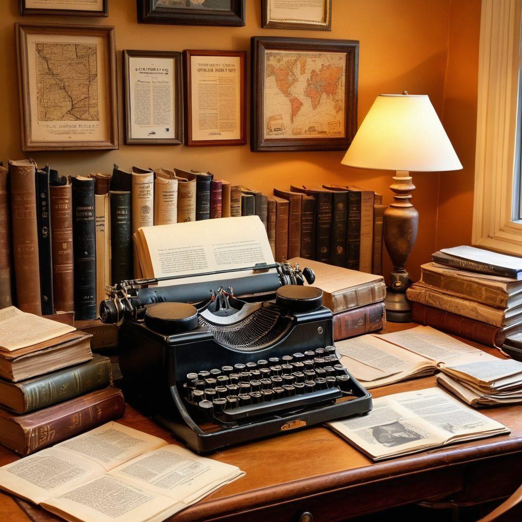 A vintage desk cluttered with old journals, typewriters, and digital devices showing blog archives on screens, surrounded by soft, warm lighting that creates an inviting atmosphere. Background includes bookshelves filled with history books and a framed old map, symbolizing the journey through time. The scene should evoke a sense of nostalgia and discovery, illustrating the blend of past and present in blogging. super-realistic. warm tones. inviting ambiance.